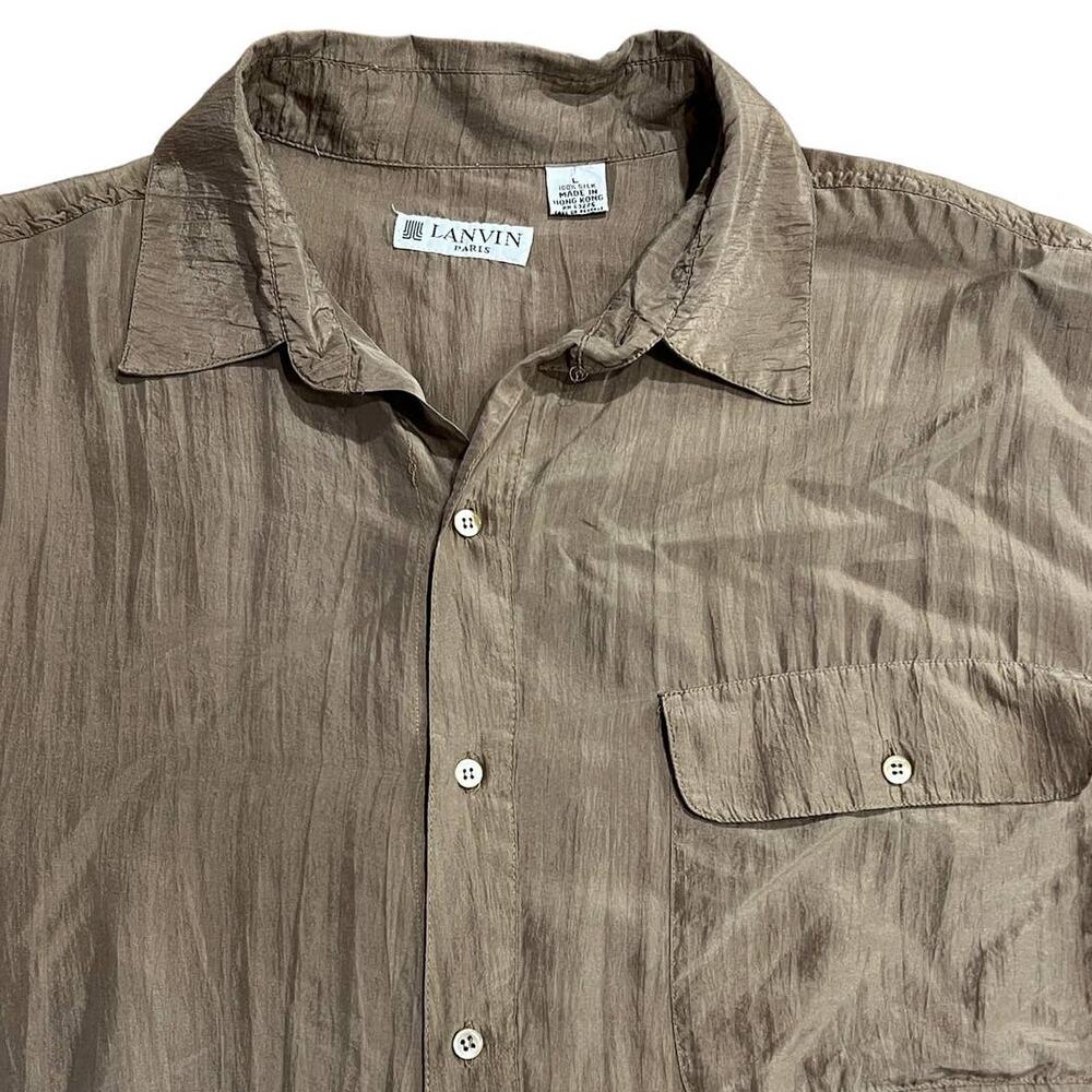 VTG Lanvin Paris Men L Taupe 100% Silk Slub Weave Tonal Stripe Long Sleeve Shirt